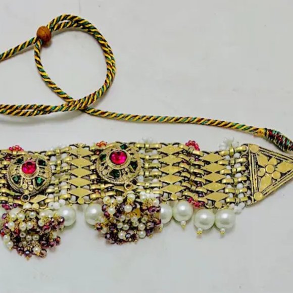 Golden Tone Metal Choker Necklace, Statement Collar Choker With Multicolor Beads - Picture 5 of 11